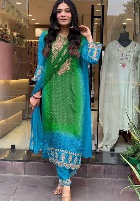 Sky Blue Printed Chinon Salwar Kameez With Dupatta