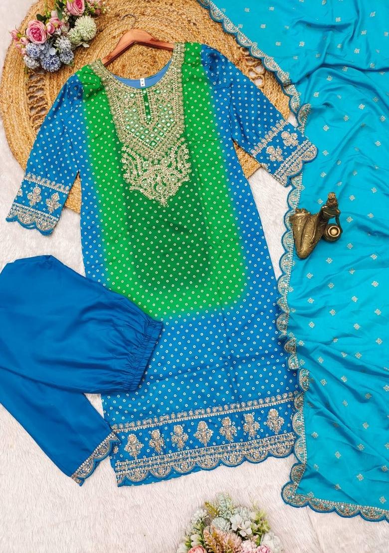 Sky Blue Printed Chinon Salwar Kameez With Dupatta