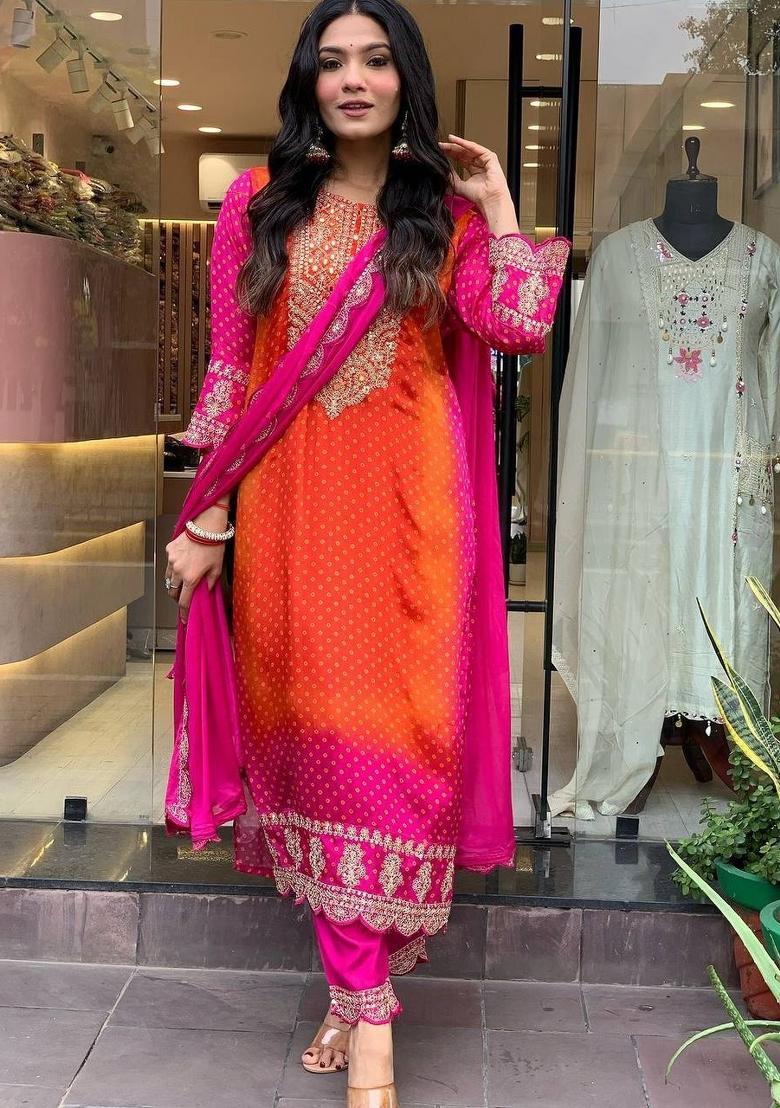 Pink Printed Chinon Salwar Kameez With Dupatta
