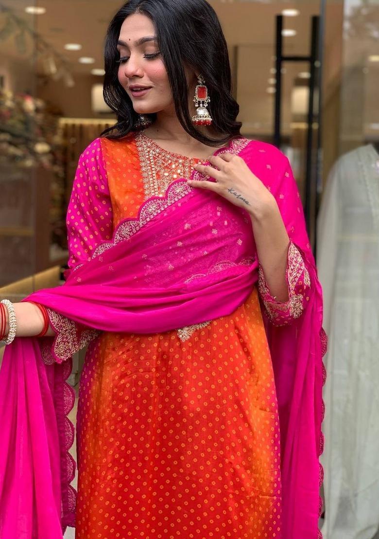 Pink Printed Chinon Salwar Kameez With Dupatta