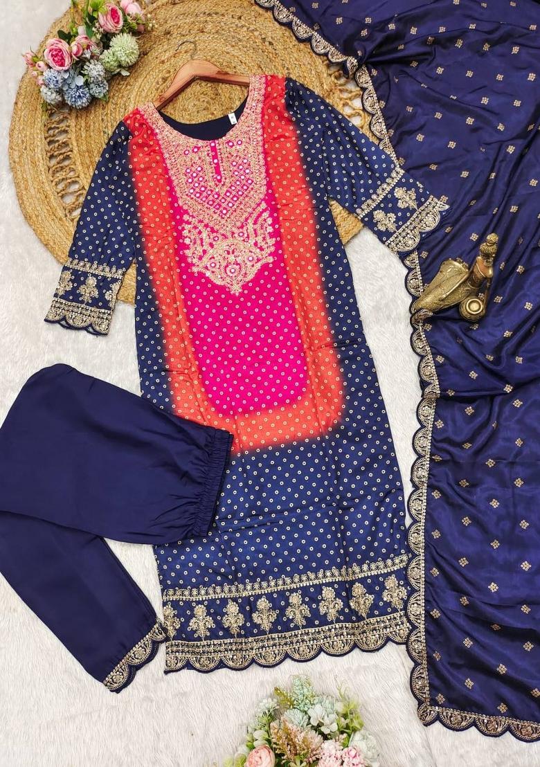 Blue Printed Chinon Salwar Kameez With Dupatta