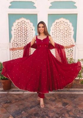 Maroon Floral Print Georgette Anarkali Set