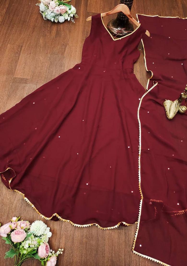 Maroon Floral Print Georgette Anarkali Set