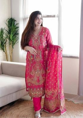 Pink Printed Satin Salwar Kameez With Dupatta