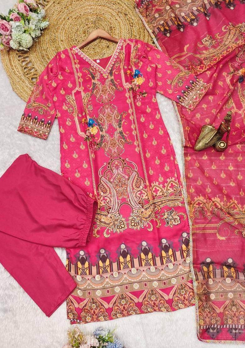 Pink Printed Satin Salwar Kameez With Dupatta