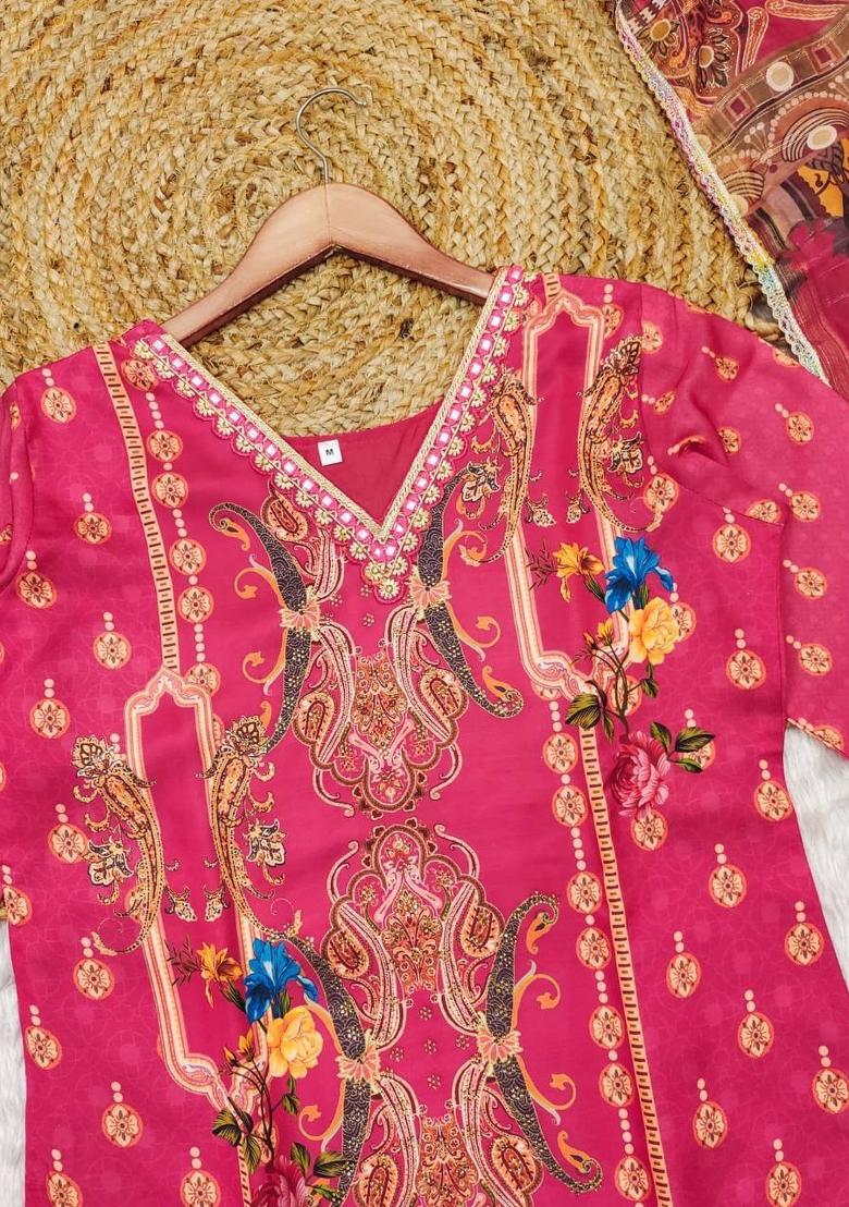 Pink Printed Satin Salwar Kameez With Dupatta