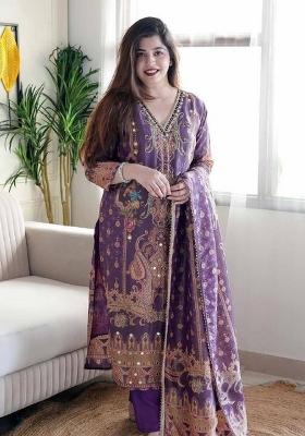 Purple Printed Satin Salwar Kameez With Dupatta