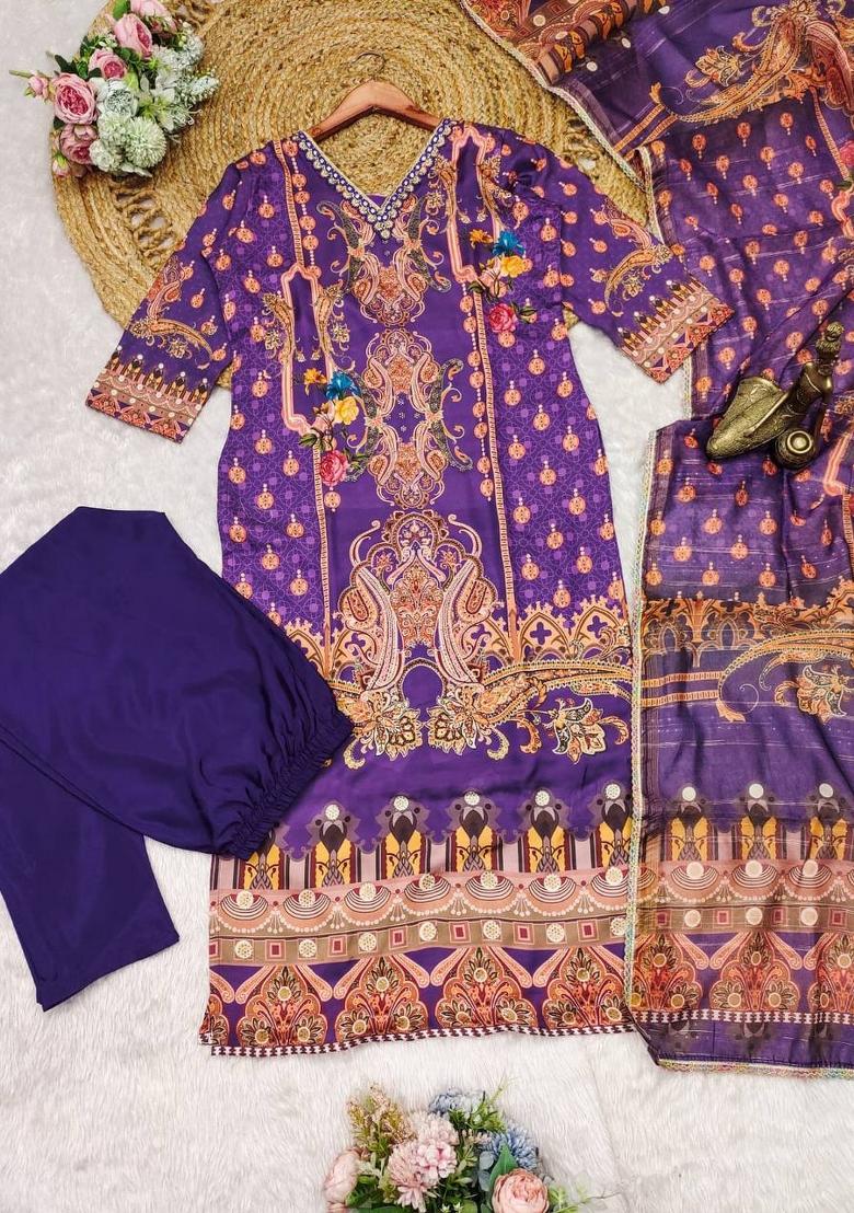Purple Printed Satin Salwar Kameez With Dupatta