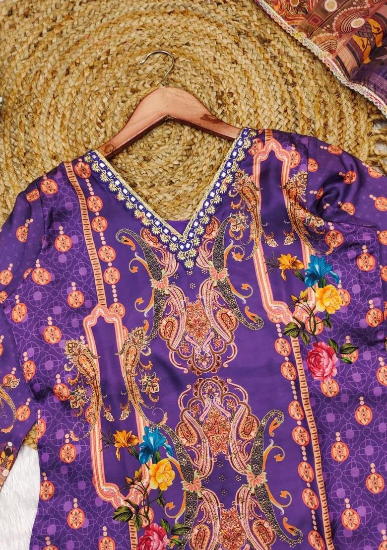 Purple Printed Satin Salwar Kameez With Dupatta