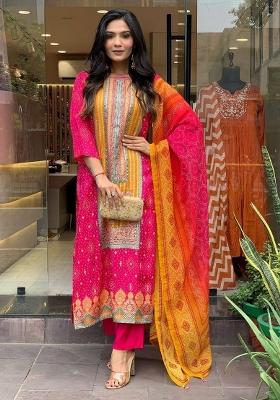 Pink Printed Satin Salwar Kameez With Dupatta