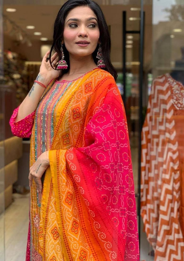 Pink Printed Satin Salwar Kameez With Dupatta