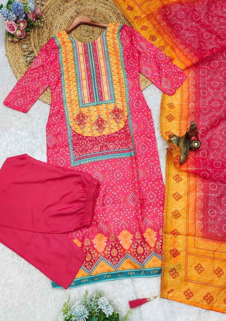 Pink Printed Satin Salwar Kameez With Dupatta