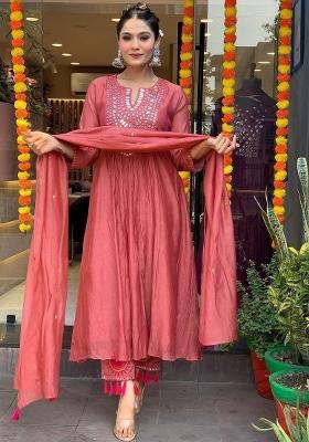 Peach Embroidered Muslin Salwar Kameez With Dupatta