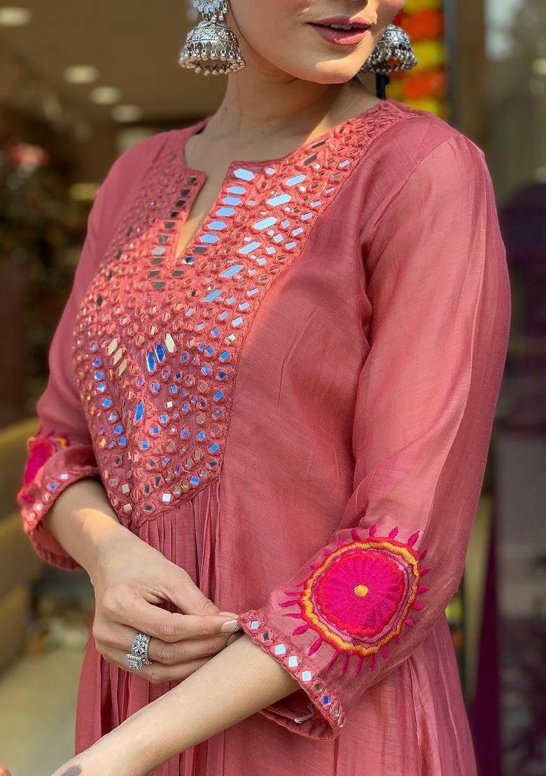 Peach Embroidered Muslin Salwar Kameez With Dupatta