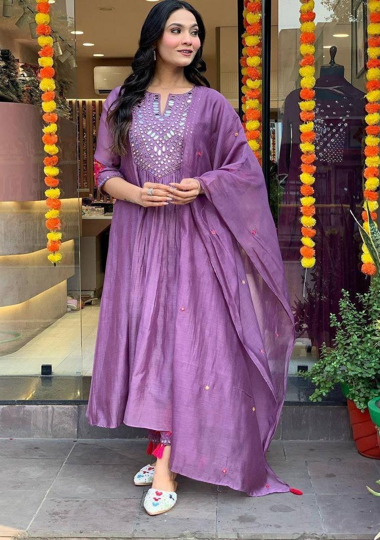 Purple Embroidered Muslin Salwar Kameez With Dupatta