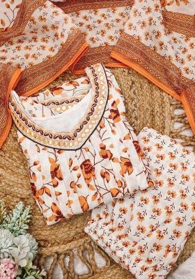 Orange Floral Print Cotton Salwar Kameez With Dupatta