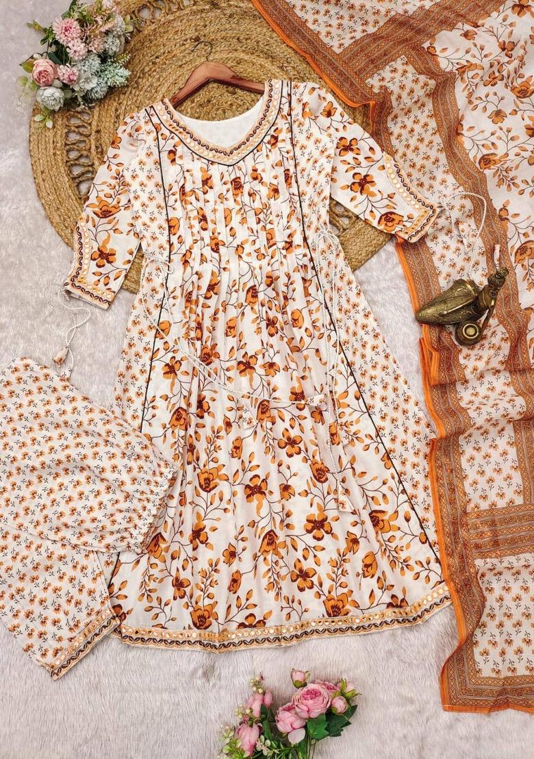 Orange Floral Print Cotton Salwar Kameez With Dupatta