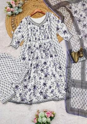 Blue Floral Print Cotton Salwar Kameez With Dupatta