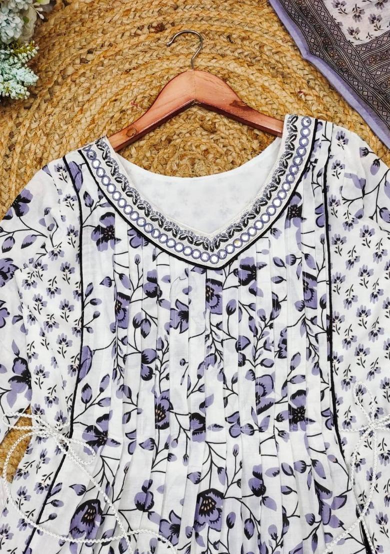 Blue Floral Print Cotton Salwar Kameez With Dupatta