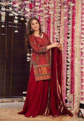 Maroon Printed Crepe Salwar Kameez With Dupatta