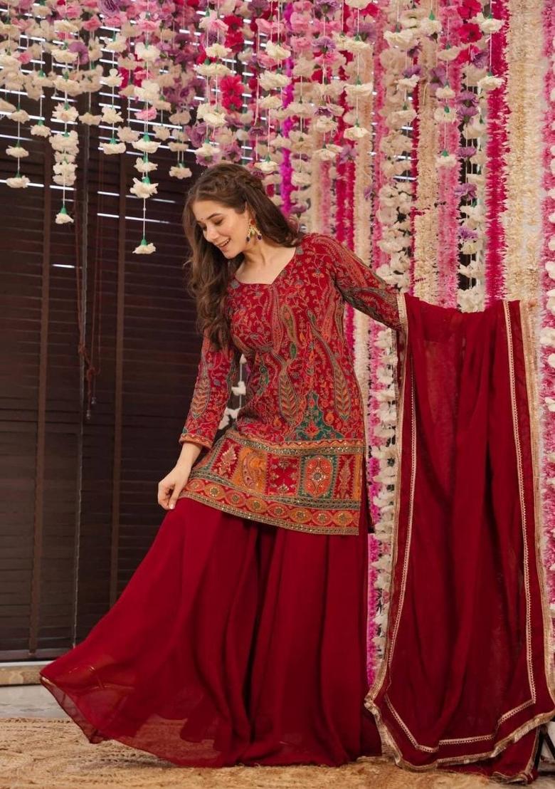 Maroon Printed Crepe Salwar Kameez With Dupatta