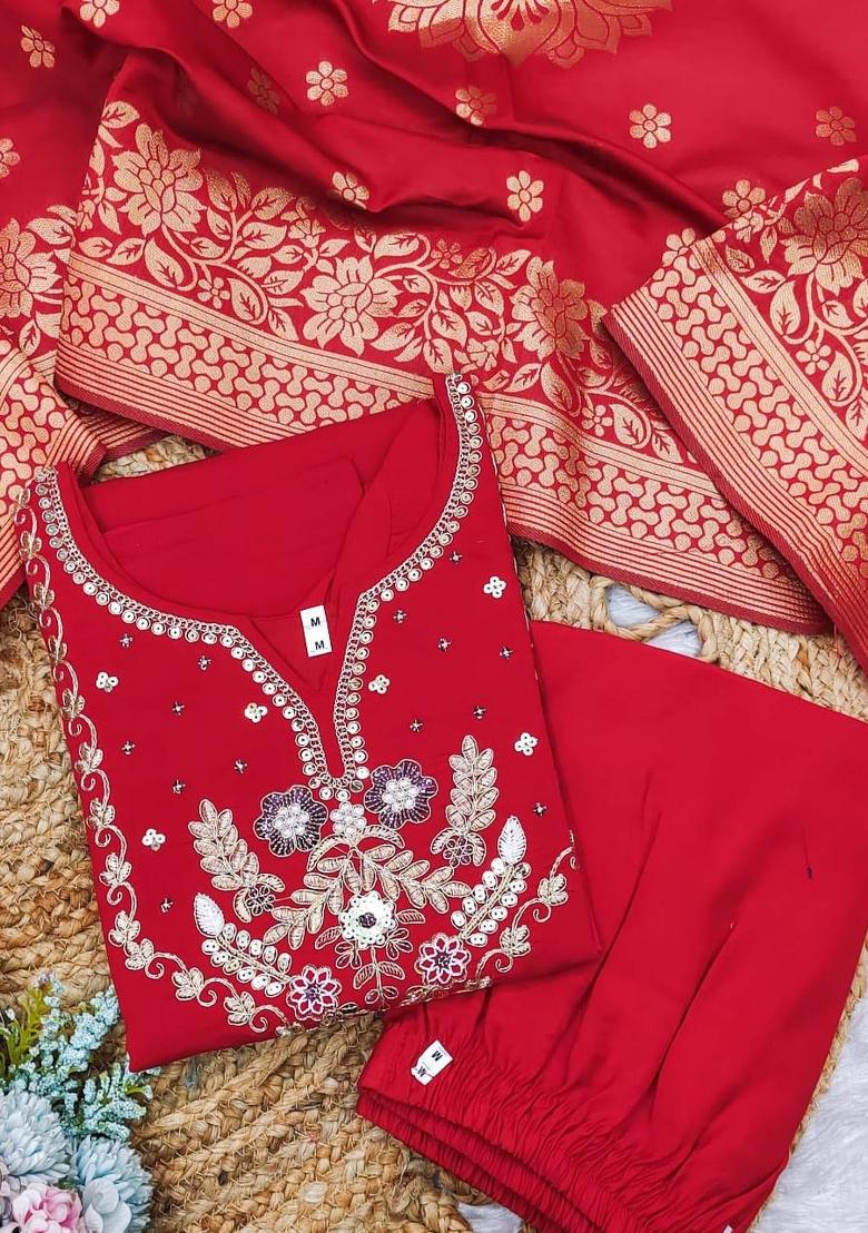 Red Embroidered Silk Salwar Kameez With Dupatta