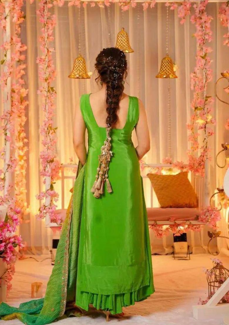 Green Bandhani Print Crepe Salwar Kameez With Dupatta