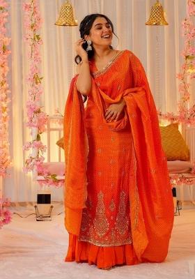 Orange Bandhani Print Crepe Salwar Kameez With Dupatta