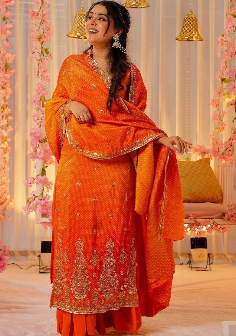 Orange Bandhani Print Crepe Salwar Kameez With Dupatta