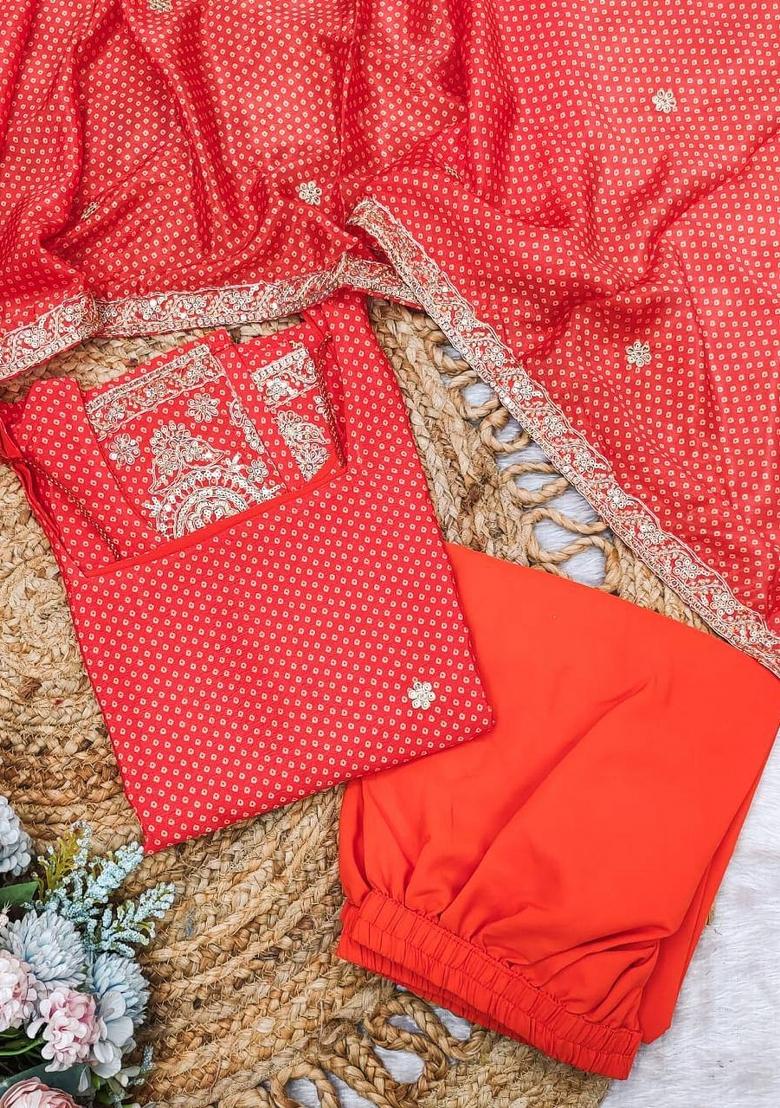 Orange Bandhani Print Crepe Salwar Kameez With Dupatta