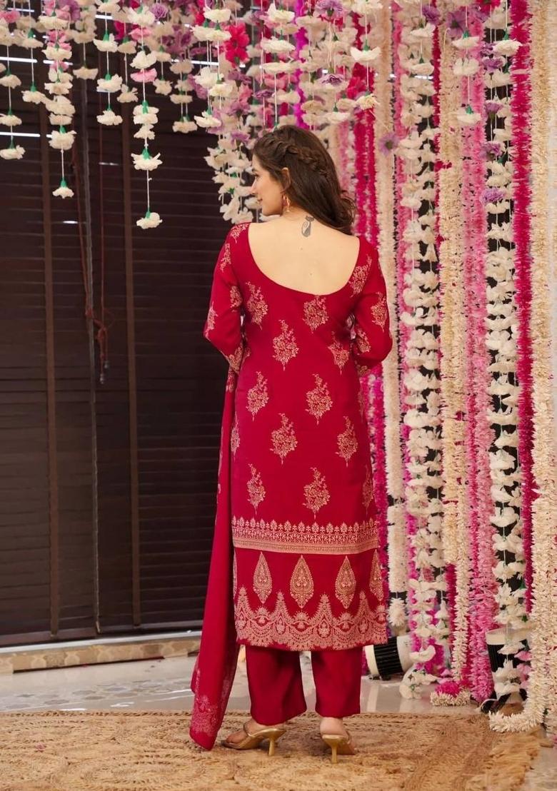 Maroon Printed Muslin Salwar Kameez With Dupatta