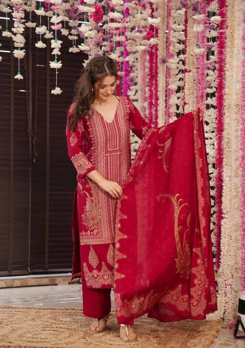 Maroon Printed Muslin Salwar Kameez With Dupatta