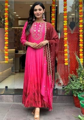 Pink Embroidered Chinon Salwar Kameez With Dupatta