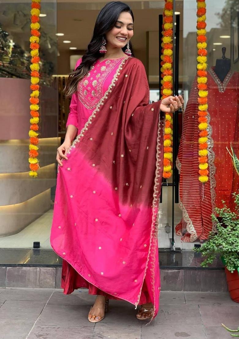 Pink Embroidered Chinon Salwar Kameez With Dupatta