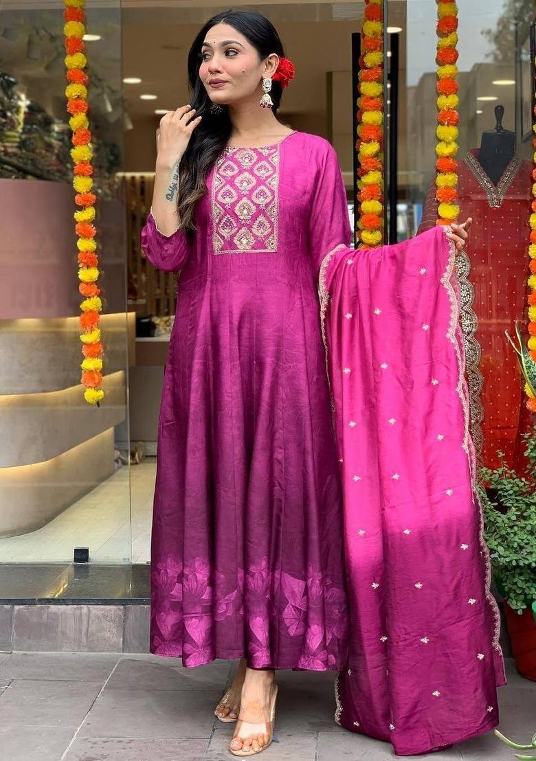 Purple Embroidered Chinon Salwar Kameez With Dupatta