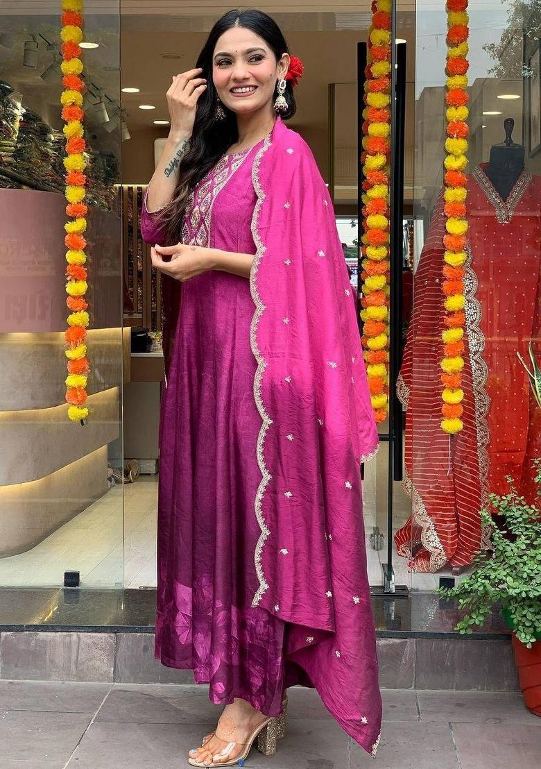 Purple Embroidered Chinon Salwar Kameez With Dupatta