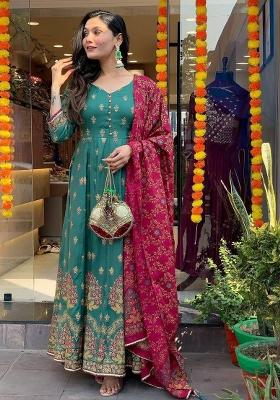 Green Foil Print Silk Salwar Kameez With Dupatta