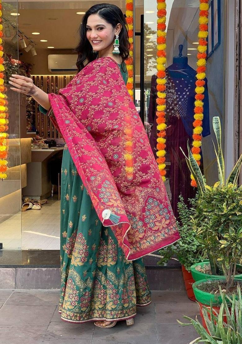 Green Foil Print Silk Salwar Kameez With Dupatta