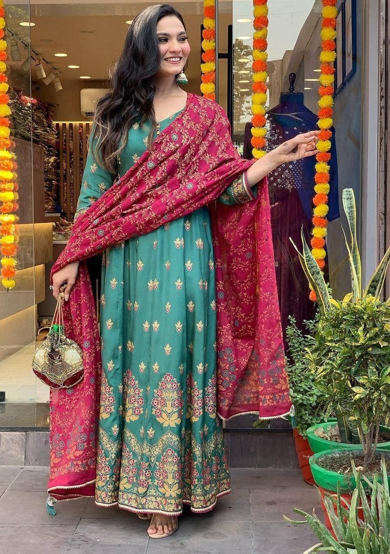 Green Foil Print Silk Salwar Kameez With Dupatta
