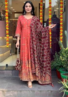 Orange Foil Print Silk Salwar Kameez With Dupatta