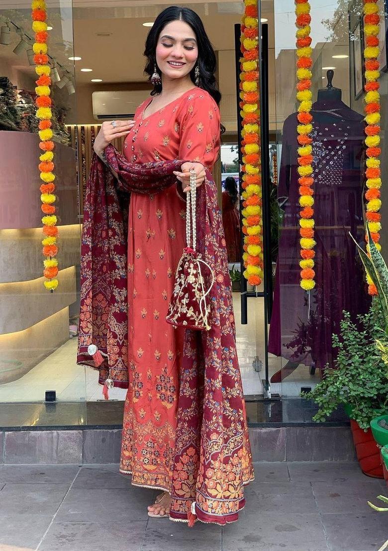 Orange Foil Print Silk Salwar Kameez With Dupatta