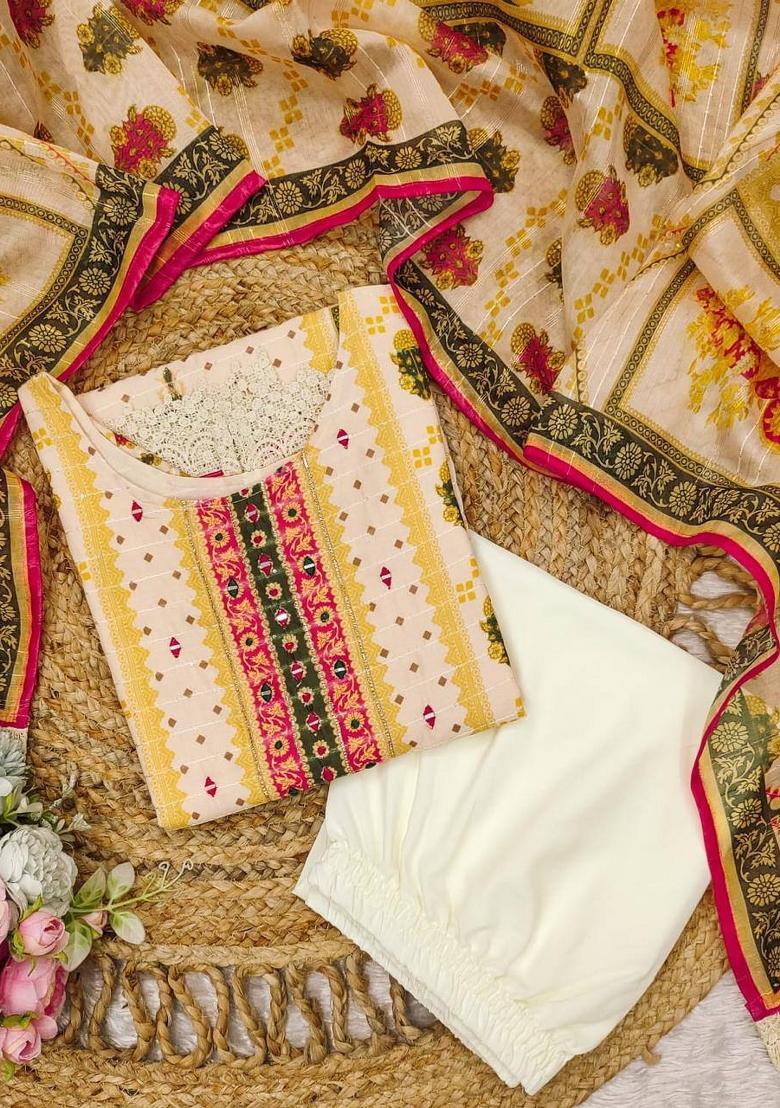 Cream Sequin Work Cotton Salwar Kameez With Dupatta