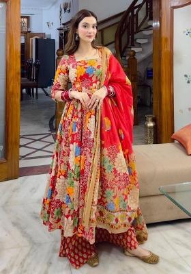 Red Floral Print Cotton Salwar Kameez With Dupatta