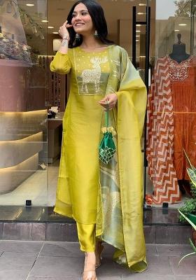 Green Zari Work Silk Salwar Kameez With Dupatta