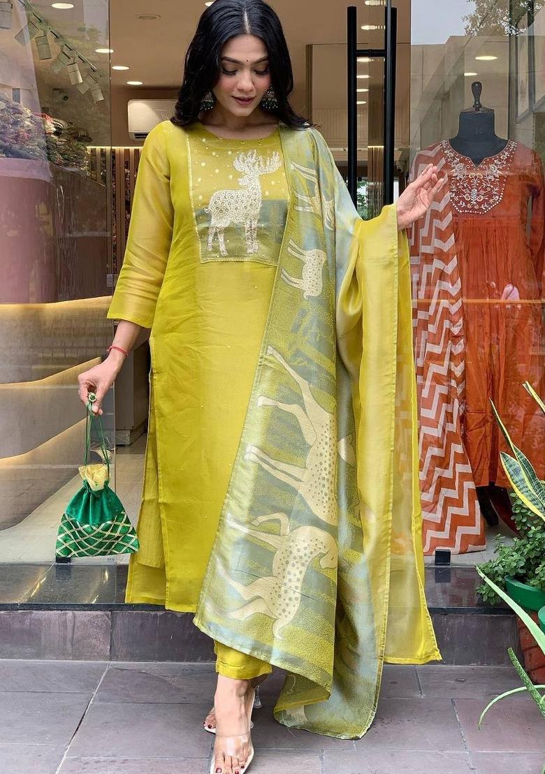 Green Zari Work Silk Salwar Kameez With Dupatta