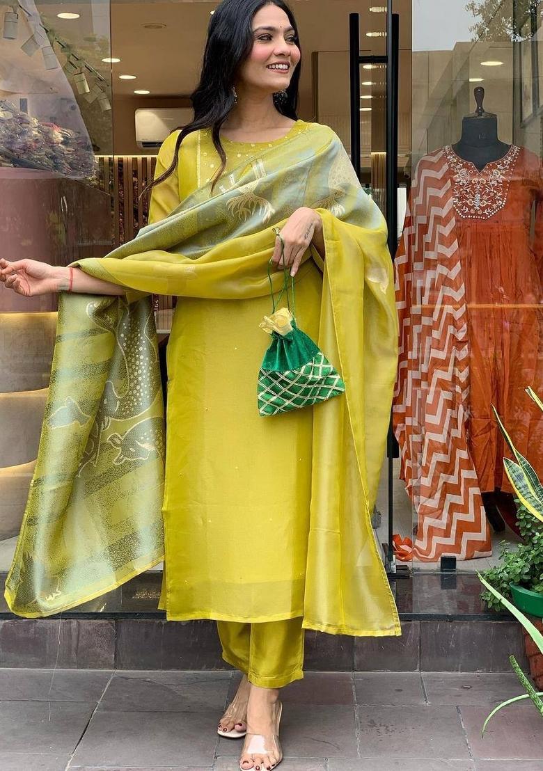 Green Zari Work Silk Salwar Kameez With Dupatta