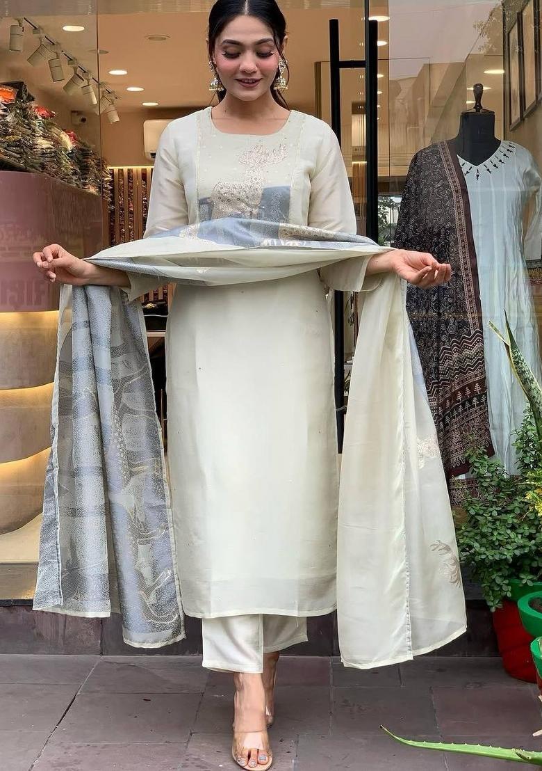 White Zari Work Silk Salwar Kameez With Dupatta