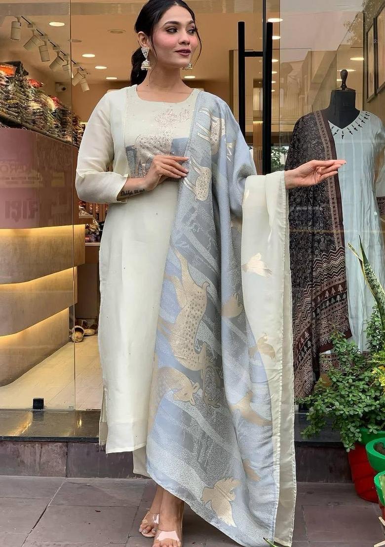 White Zari Work Silk Salwar Kameez With Dupatta