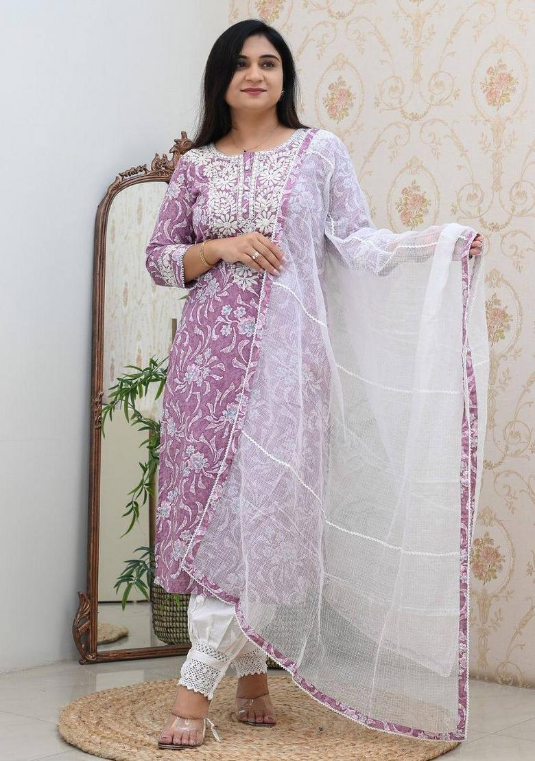 Purple Embroidered Cotton Salwar Kameez With Dupatta