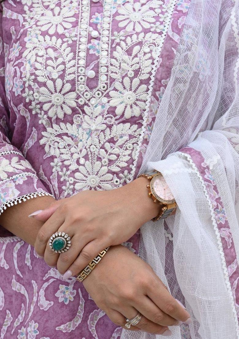 Purple Embroidered Cotton Salwar Kameez With Dupatta